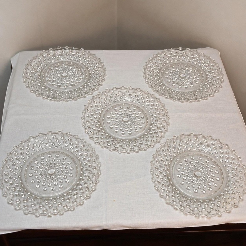 Vintage Clear Hobnail Glass Dessert Plates Set 5 Coin Dot Bubble Bread Butter